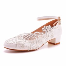 Fashion 3CM Low Heels Ankle Strap Ladies Party Dance Wedding Shoes White Lace Wo - £47.47 GBP