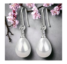 Classic White Pearl Briolette Crystal Beaded Silver Hook Pierced Dangle Earrings - £11.08 GBP