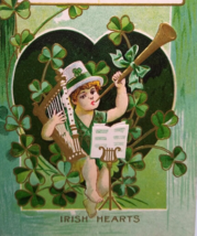 St Patrick&#39;s Day Postcard Irish Hearts Boy Blows Trumpet Clover Heart Unused - £14.38 GBP