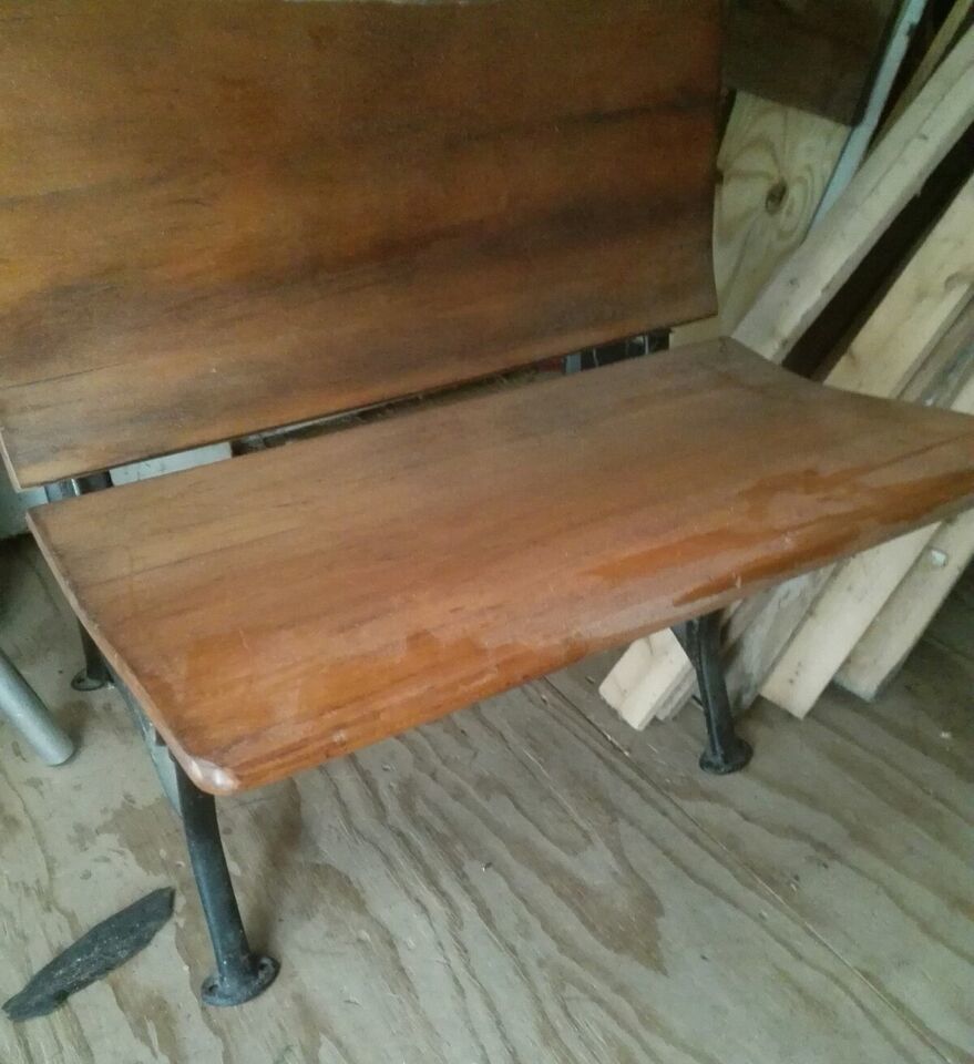 Vintage Wood &amp; Wrought Iron School Desk Ink Well, # 2 Stamped Metal leg ... - $56.32