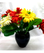 Artificial Gerber Daisy Flower Arrangement in Black Vase Red Yellow Whit... - £12.22 GBP