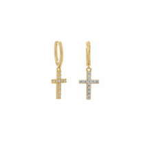 14k Yellow Gold Plated Cross Round Simulated Diamond Huggie Hoop Drop Earrings - £69.71 GBP