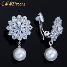 No Piercing White CZ Crystal Dangle Drop Pearl Flower Clip on Earrings Non Hole  - £15.92 GBP