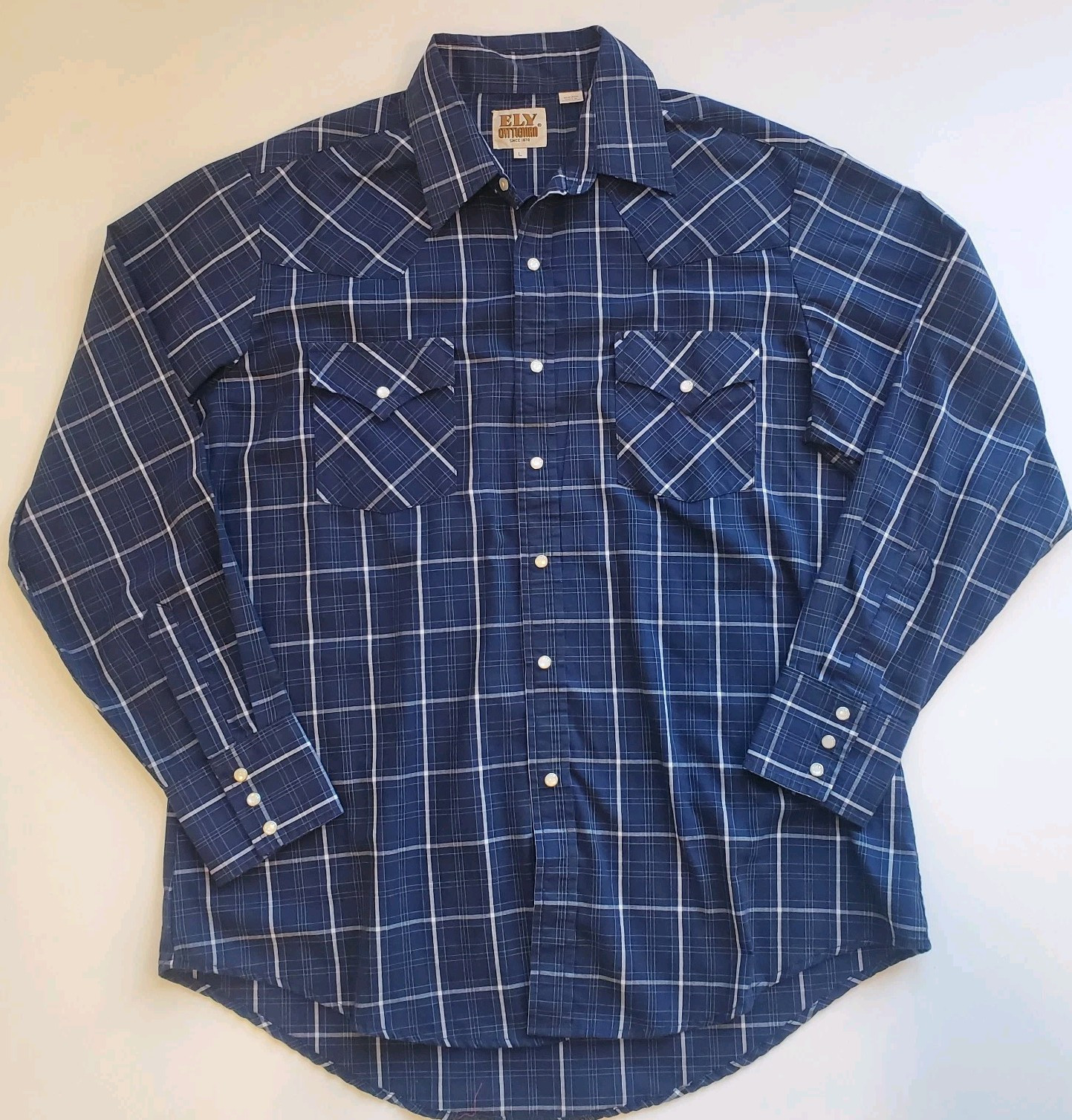 Ely Cattleman Shirt Men&#39;s Large Pearl Snap Western Button-Up Navy White ... - $24.55
