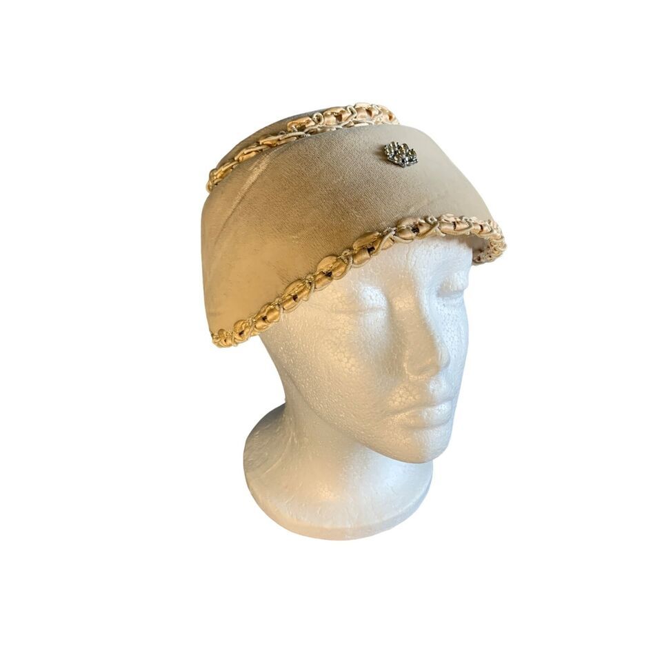 Ladies Tan Velvet Hat w Ribbon and Cord Trim with Crystal Accent Sz 22 V... - $37.31