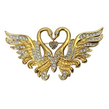 Vintage Signed Nolan Miller Double Swans Dangling Heart Crystal Brooch Pin - $26.19