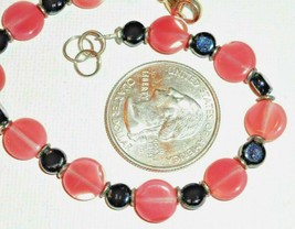 Vintage Black Pink Coral tone Givre Glass Bead Sterling Silver Toggle Bracelet - £7.74 GBP