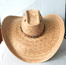 Handwoven Mexican Palm Cowboy Sombrero Hat Chin Strap &amp; Wide 6.5&quot; Brim Men L-XL - £33.64 GBP