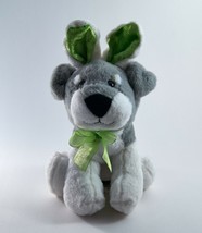 Easter Puppy Dog Grey and White Green Bow &amp; Ears Plush Dan Dee 8.5&quot; Tall - £7.96 GBP