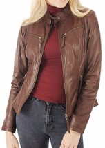 Leather Jacket Women&#39;s Biker Motorcycle Women Soft Moto Fit Size Real Brown 44 - £39.62 GBP+