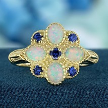 Natural Opal Blue Sapphire Vintage Style Floral Cluster Ring in Solid 9K Gold - £668.87 GBP
