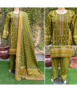 Pakistani Mehendi Green Printed Straight Shirt 3-PCS Lawn Suit w/ Thread... - $74.70 CAD