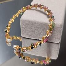  14K Gold Plated Adjustable Tourmaline Bangle, Colorful Gemstone Bracele... - $209.84