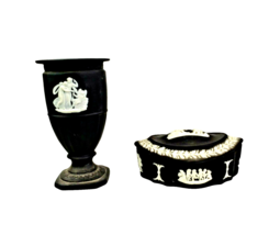 Wedgwood Black Vintage Jasperware Trinket Box And Vase - $88.11
