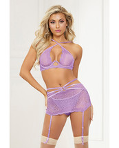 Galloon Lace Bra, Garter Skirt &amp; G-string Lavender O/s - $22.11