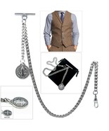 Silver Plated Albert Pocket Watch Chain for Men with St Benedict Fob Swi... - £19.75 GBP