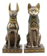 Egyptian Goddess Bastet And God Anubis Sitting On Pedestal Statue Set Of 2 - €116,86 EUR