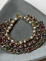 Vintage Lot of Goldtone Curb Link w Red Green Round Jelly Cabs Alternating Red &amp; - £11.12 GBP