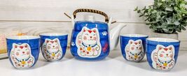 Ebros Japanese Maneki Neko Lucky Charm Cat Blue Tea Pot and Cups Set Ser... - €28,52 EUR