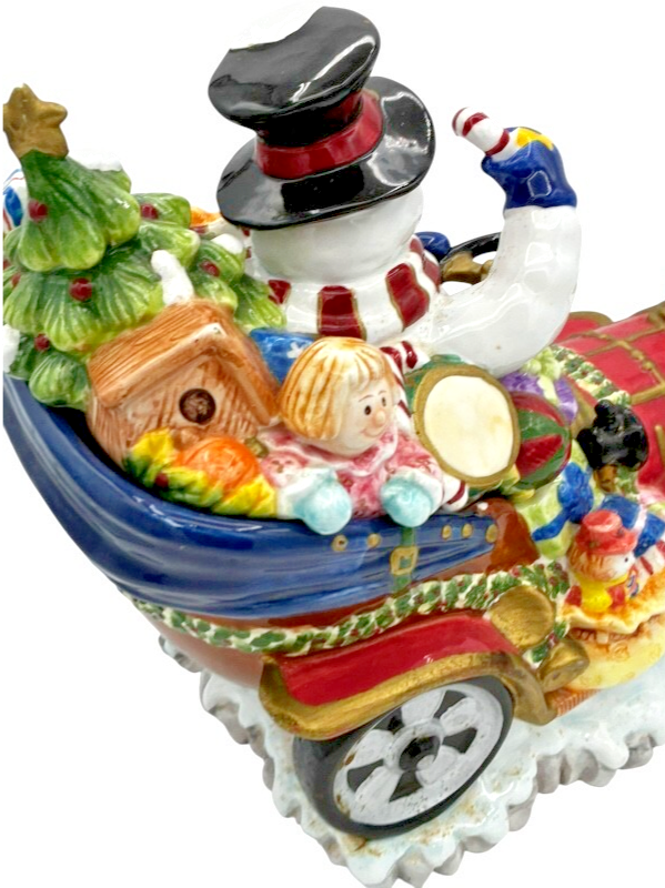 VTG Snowman driving vintage car full of Christmas presents on snow cookie jar Item image 8