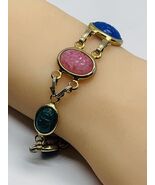 Vintage Multicolor Glass Cabochons Carved Scarab Bracelet w Safety Chain... - $83.32