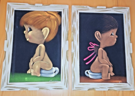 Castillo Jr. Mexican Artist &quot;POTTY TIME&quot;  Vintage Black Velvet Painting Set  - $199.91