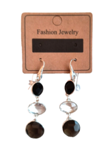 Dangle/ Drop Fashion Earrings Silver Tone Metal Black Crystal Smokey Topaz Beads - $9.90