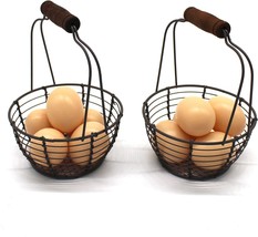 Set Of 2 Metal Wire Mini Egg Baskets In Rust Gathering Baskets With Wooden - £28.44 GBP