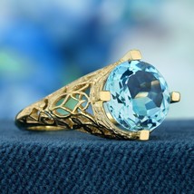 Natural Blue Topaz Vintage Style Filigree Ring in Solid 9K Yellow Gold - £509.96 GBP