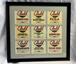 Vtg Budd Soda Beverages 9 Labels Matted And Framed Newport Bottling Works N.H. - £47.92 GBP