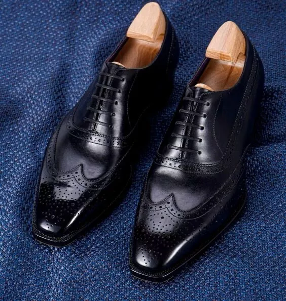 New Black Wing Tip Brogue Leather Formal Handmade Office Lace Up Shoes For Men - £142.74 GBP