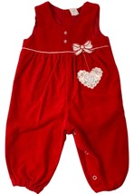 Vintage 80s Baby Girls Red Velvety Overalls Romper White Satin Heart Bird 6-9 mo - £15.47 GBP