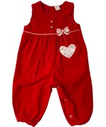 Vintage 80s Baby Girls Red Velvety Overalls Romper White Satin Heart Bir... - $19.79