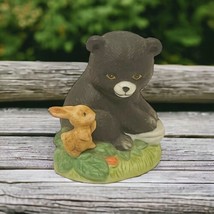 Vintage Ceramic Black Bear Cub With Rabbit Figurine Homeco Taiwan - $11.18