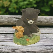 Vintage Ceramic Black Bear Cub With Rabbit Figurine Homeco Taiwan - $212.86 MXN