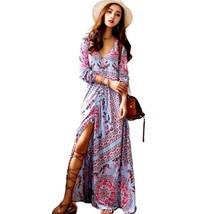R. Vivimos Boho Maxi Long Sleeve Dress Size S Blue Floral Resort Beach V... - $41.58