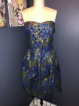 Cynthia Rowley Blue &amp; Gold Strapless Floral Dress w/ Pockets Size 8 - £86.52 GBP