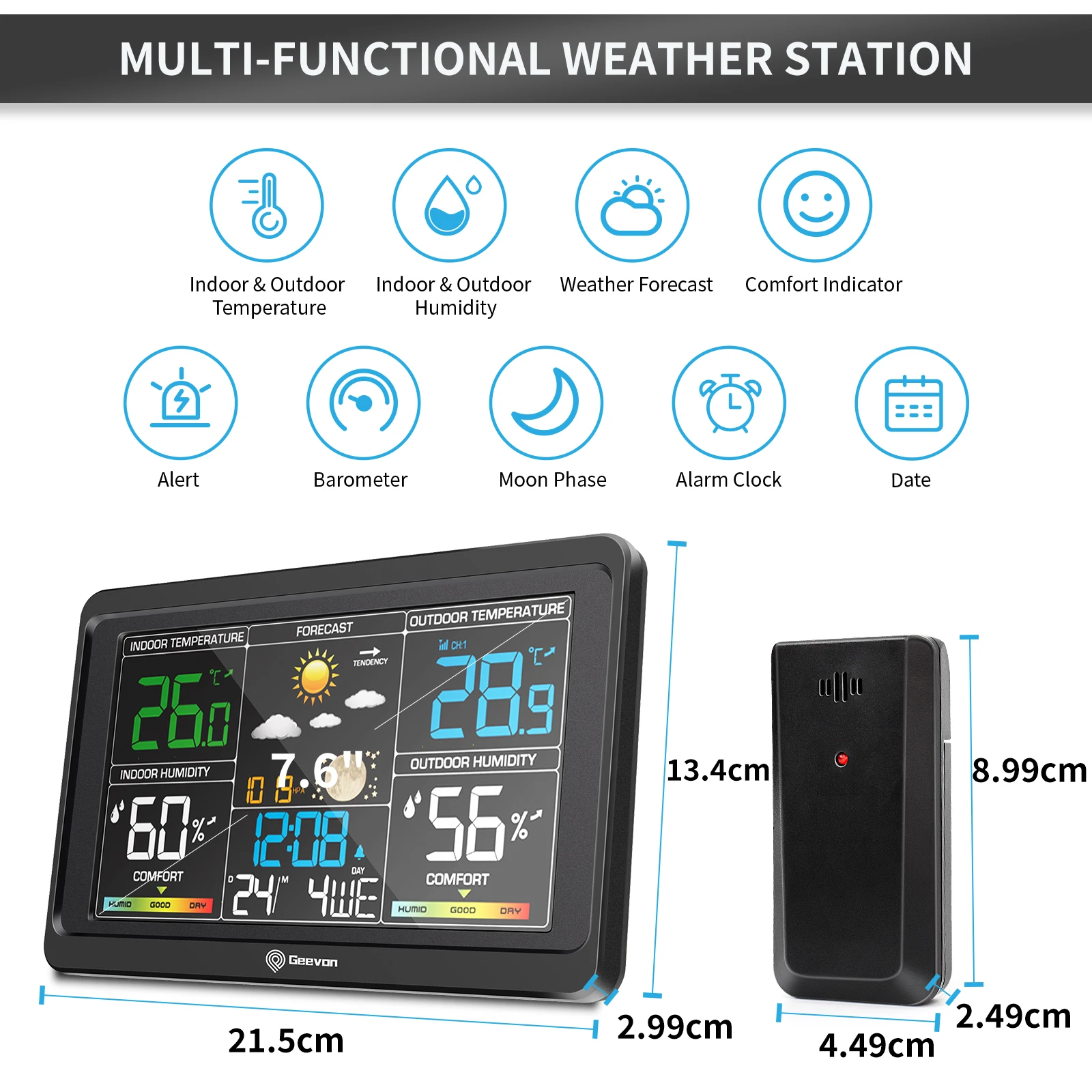 House Home Geevon Weather Station Clocks Wireless Indoor Outdoor Thermometer Tab - £63.93 GBP