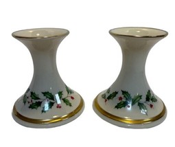 Lenox Holiday Dimension Candlestick Holders, Holly &amp; Berries Gold Trim Set of 2 - £24.59 GBP