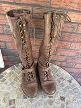 Target Lace Up Brown Faux Leather Knee High Granny Boots Size 8.5 Side Zip Shoes - £38.17 GBP