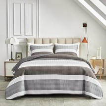 3 Pieces Quilt Set Full/Queen, Light Gray N Brown Stripes Design, Smooth Soft Mi - £44.94 GBP