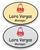 1 Gold &amp; 1 Silver Oval Arbys Personalized Name Badges Safety Pin Fastener - £20.93 GBP