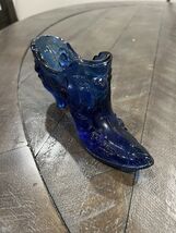 Fenton Blue Cabbage Rose Glass Slipper Shoe Vintage - $27.62 CAD