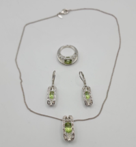 Peridot Green Colored Silver Toned Rhinestone Necklace, Earring &amp; Ring Set - £18.97 GBP