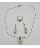 Peridot Green Colored Silver Toned Rhinestone Necklace, Earring &amp; Ring Set - £19.10 GBP