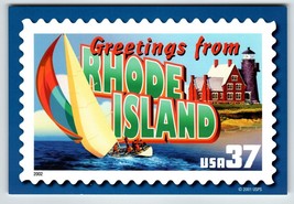 Greetings From Rhode Island Large Letter Chrome Postcard USPS 2001 Sailboat - £8.11 GBP