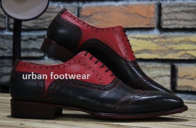 Mens New Handmade Formal Shoes Two-Tone Red & Black Leather Oxford Brogue Boots