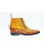 Handmade Men&#39;s Two Tone Suede &amp; Leather Brown &amp; Tan Ankle High Button Boots - $159.99+