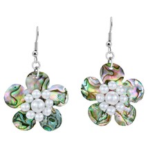 Tropical Daisy Abalone Shell and Faux Pearls Floral Dangle Earrings - £8.99 GBP