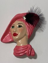 Art Deco Collar Pin Brooch Fancy Lady In Pink Feather in Hat Vintage - £7.98 GBP